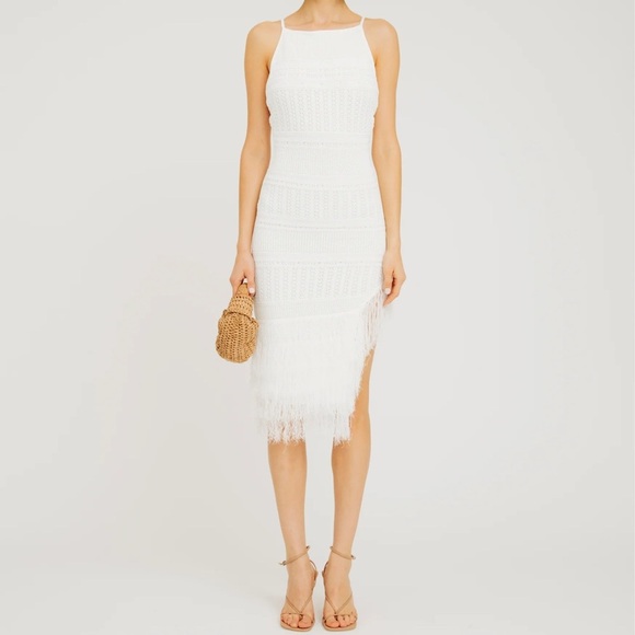 Torn by Ronny Kobo Yuna White Knit Fringe Asymmetric Midi Dress Size Large - Picture 1 of 8